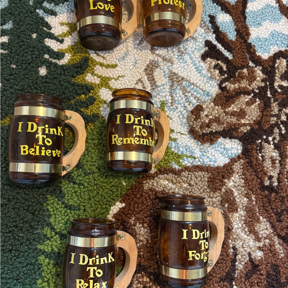 Vintage Amber Glass Novelty Mugs with Wooden Handles - Set of 6